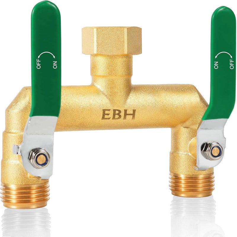 EBH Garden Hose Splitter, 2-Way High Flow Heavy Duty Brass Outdoor Hose Manifold with Extra Long Handles Full Flow Faucet Adapter- 3/4” GHT(Green) - Image 1